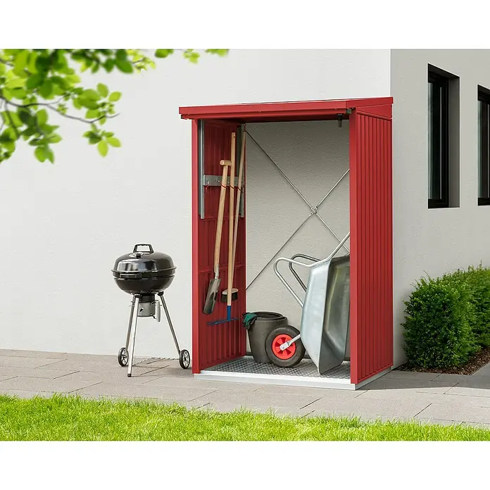 EcoStar Kaminholzregal Trend-V Typ 1 - Metall, Purpurrot - Ein roter Gartenschrank mit Grill und Schubkarre. Ideal für die Aufbewahrung von Gartengeräten und Grillzubehör im Freien.