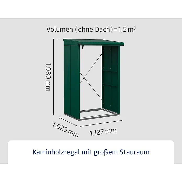 EcoStar Kaminholzregal Elegant-V Typ 1 - Metall, Moosgrün - Bild eines grünen Kaminholzregals mit den Maßen 1.980 mm Höhe, 1.025 mm Tiefe und 1.127 mm Breite.