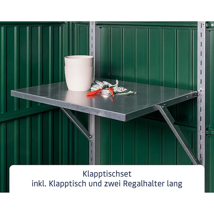 EcoStar Klapptisch - L x B: 59,1 x 70 cm, Passend für: EcoStar Gerätehäuser - Klapptischset: Klapptisch aus Metall mit zwei langen Regalhaltern, ideal für Werkstatt oder Garage, um Werkzeuge und Zubehör abzulegen.