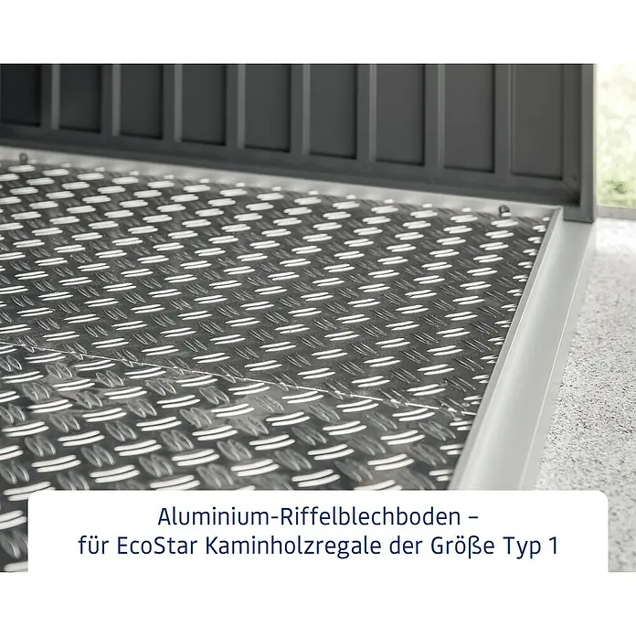 EcoStar Bodenplatte Riffelblechboden Typ 1 - Passend für: EcoStar Kaminholzregal Typ 1, Aluminium - Aluminium-Riffelblechboden für EcoStar Kaminholzregale Typ 1. Robuster Bodenbelag für sichere Lagerung von Kaminholz im Außenbereich.