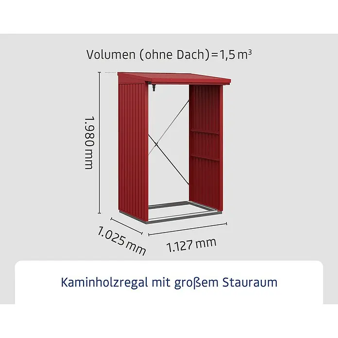 EcoStar Kaminholzregal Trend-V Typ 1 - Metall, Purpurrot - Abbildung eines Kaminholzregals mit den Maßen 1.980 mm Höhe, 1.025 mm Tiefe und 1.127 mm Breite. Volumen ohne Dach beträgt 1,5 m³.