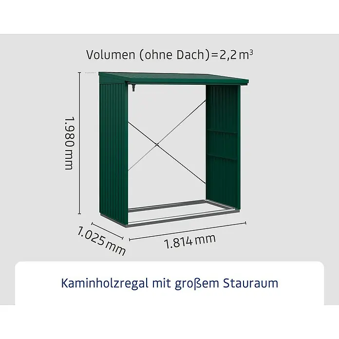 EcoStar Kaminholzregal Trend-V Typ 2 - Metall, Moosgrün - Abbildung eines Kaminholzregals mit den Maßen 1.980 mm Höhe, 1.025 mm Tiefe und 1.814 mm Breite. Das Volumen ohne Dach beträgt 2,2 m³.