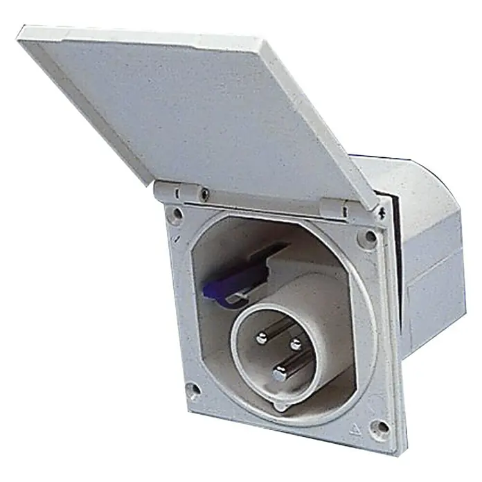 Talamex CEE-Wandstecker - 83 x 90 mm, 230 V, Einbautiefe: 83 mm - Abdeckung einer weißen, wetterfesten 3-poligen Industriesteckdose zur Stromversorgung im Außenbereich.