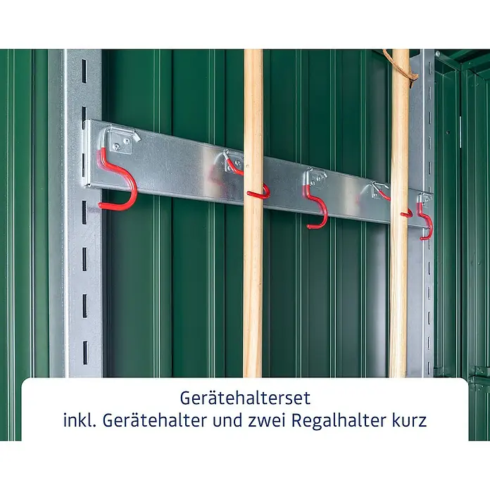 EcoStar Gerätehalter-Set - Passend für: EcoStar Gerätehäuser - Gerätehalterset mit Haken zur Aufbewahrung von Werkzeugen und Gartengeräten an einer grünen Wand.