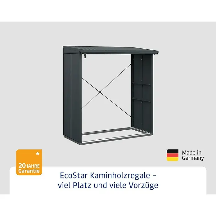 EcoStar Kaminholzregal Elegant-V Typ 2 - Anthrazitgrau - Produktabbildung eines EcoStar Kaminholzregals in Anthrazit. Praktisch und robust für die Kaminholzaufbewahrung im Außenbereich.