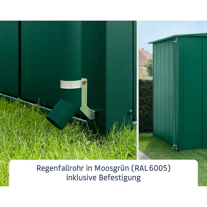 EcoStar Regenfallrohr-Set - Passend für: EcoStar Gerätehäuser, Moosgrün - Moosgrünes Regenfallrohr (RAL 6005) mit Befestigung. Ideal, um Regenwasser abzuleiten und die Gartenhütte vor Nässe zu schützen.