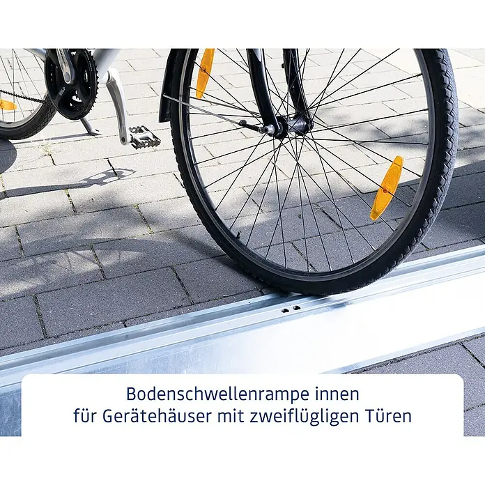 EcoStar Bodenschwellen-Rampe - Passend für: EcoStar Gerätehäuser mit Doppeltür, Innen - Bodenschwellenrampe für Gerätehäuser mit zweiflügligen Türen. Sichere und einfache Überwindung von Hindernissen.