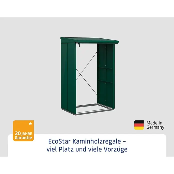 EcoStar Kaminholzregal Elegant-V Typ 1 - Metall, Moosgrün - EcoStar Kaminholzregal für die Lagerung von Brennholz im Außenbereich, mit viel Platz und guter Belüftung. Made in Germany mit 20 Jahre Garantie.