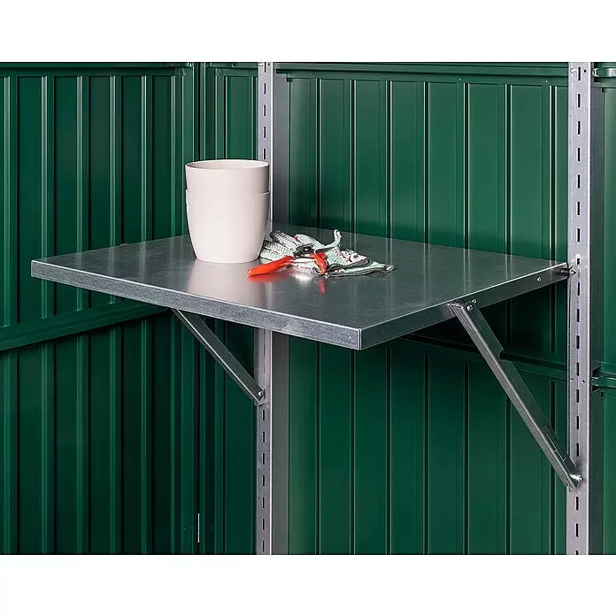 EcoStar Klapptisch - L x B: 59,1 x 70 cm, Passend für: EcoStar Gerätehäuser - Verzinktes Metall-Klappregal mit Töpfen, Gartenhandschuhen und Gartenschere, dient als vielseitige Arbeitsfläche.