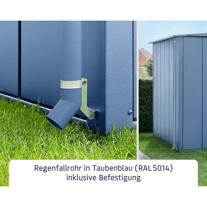 EcoStar Regenfallrohr-Set - Passend für: EcoStar Gerätehäuser, Taubenblau - Regenfallrohr in Taubenblau (RAL 5014) inklusive Befestigung. Das perfekte Zubehör für Ihr Gerätehaus.