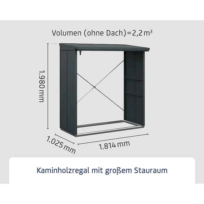 EcoStar Kaminholzregal Elegant-V Typ 2 - Anthrazitgrau - Abbildung eines Kaminholzregals mit großem Stauraum und den Maßen 1.980 mm Höhe, 1.025 mm Tiefe und 1.814 mm Breite.