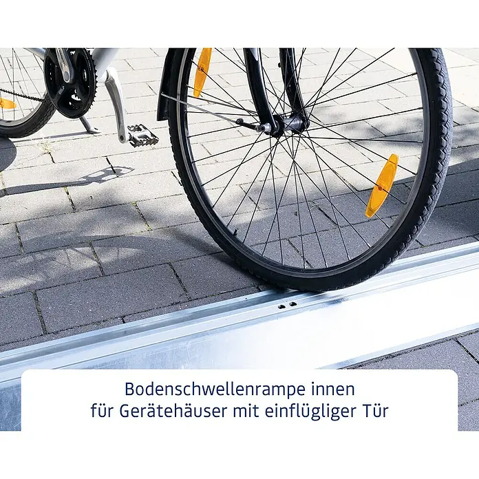 EcoStar Bodenschwellen-Rampe - Passend für: EcoStar Gerätehäuser mit Einzeltür, Innen - Bodenschwellenrampe für Gerätehäuser: Eine praktische Lösung für den mühelosen Zugang mit Fahrrädern und anderen Geräten.