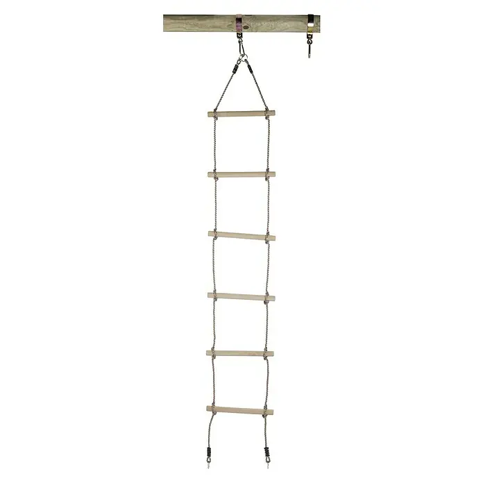 Swing King Strickleiter - Länge: 250 cm - Eine Strickleiter mit Holzsprossen hängt an einer Holzstange, ideal für Spielplätze oder Abenteuer im Freien.