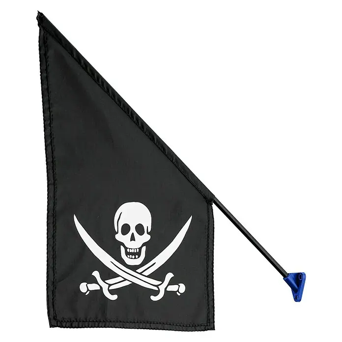 Swing King Flagge Pirat - B x L: 42 x 30 cm, Schwarz - Eine schwarze Piratenflagge mit Totenkopf und gekreuzten Schwertern, befestigt an einer Stange mit blauer Halterung, perfekt für Abenteuer.