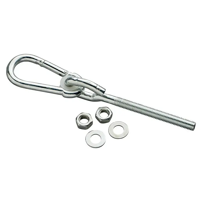 Swing King Schaukelhaken - Ø x L: 1,2 x 10 cm, 4 Stk. - Metallischer Ringschraubenbolzen mit zugehörigen Muttern und Unterlegscheiben für Befestigungszwecke, glänzende Oberfläche.