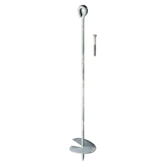 Swing King Bodenanker - 4 Stk., L x B x H: 50 x 1 x 1 cm - Abgebildet ist ein Erdanker mit einer spiralförmigen Platte und einer Hakenöse, ideal für sichere Befestigungen im Boden, sowie eine Schraube.