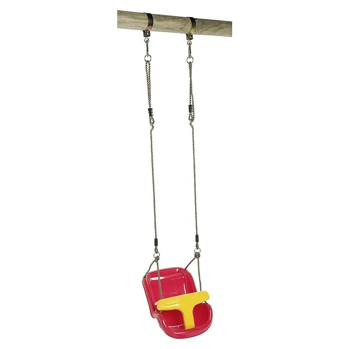 Swing King Babyschaukel - L x B x H: 24 x 39 x 57 cm, Altersempfehlung: 0 Jahre - 2 Jahre - Nahaufnahme einer roten Kinderschaukel mit gelbem Sicherheitsbügel, die an einem Holzbalken hängt. Ideal für sicheren Spielspaß im Garten.