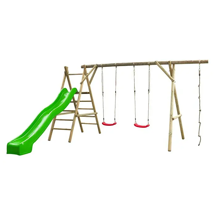 Swing King Kinderspielturm Noortje - L x B x H: 375 x 450 x 220 cm, Holz/ Apfelgrün - Holzspielplatz mit Rutsche, Schaukeln und Kletterseil für stundenlangen Spaß im Garten, ideal für Kinder.