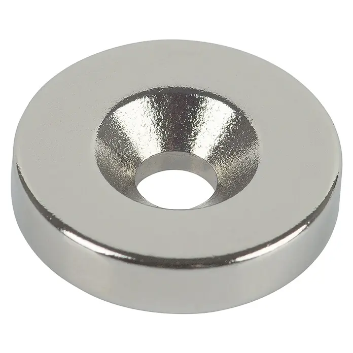 Fix-o-moll Magnet Neodym mit Senkbohrung - Rund, Durchmesser: 18 mm - Ein glänzender, runder Neodym-Magnet mit einer mittigen Senkbohrung, ideal für vielfältige Anwendungen.