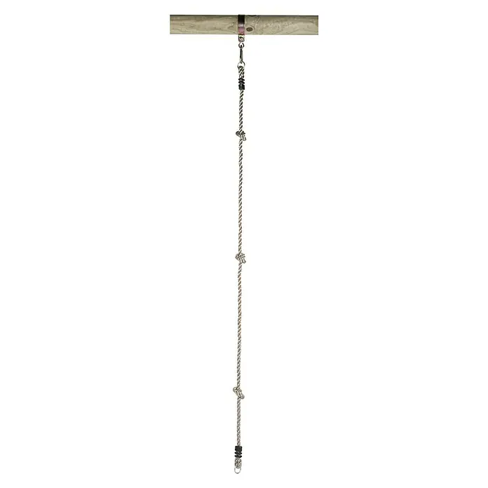 Swing King Kletterseil - Länge: 200 cm - Ein Kletterseil mit Knoten, befestigt an einer Holzstange, perfekt für sportliche Aktivitäten und das Training der Oberkörpermuskulatur.