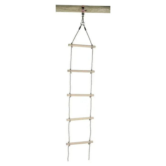 Swing King Strickleiter - Länge: 190 cm - Nahaufnahme einer Hängeleiter aus Seil und Holz mit Sprossen, befestigt an einer Holzstange.