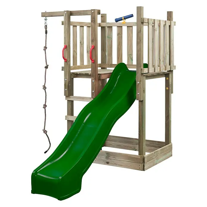 Swing King Kinderspielturm Mario - L x B x H: 131 x 250 x 209 cm, Holz/ Grün - Holzspielturm mit Rutsche, Kletterseil und rotem Griff für Kinder zum Spielen im Garten.