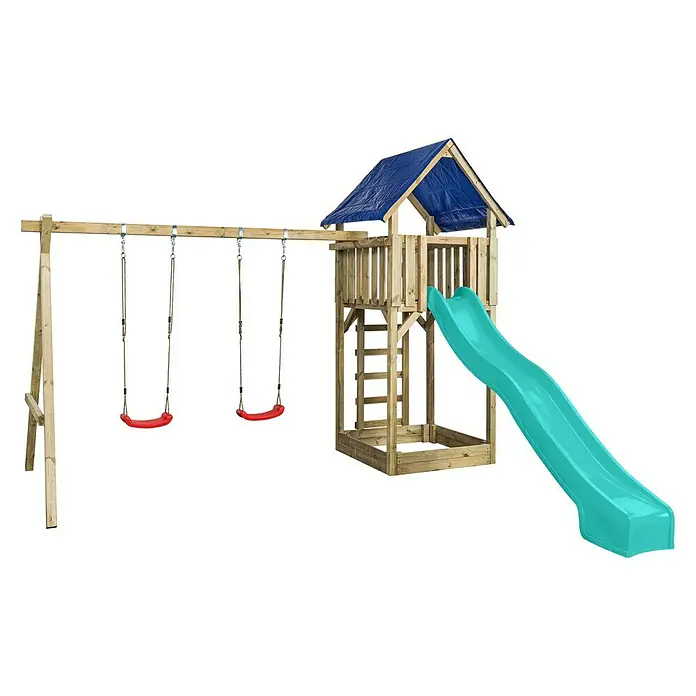 Swing King Kinderspielturm Jonas - Holz/ Türkis - Ein vielseitiger Holzspielplatz mit Schaukeln, Rutsche und Spielturm, ideal für stundenlangen Spielspaß im Garten.