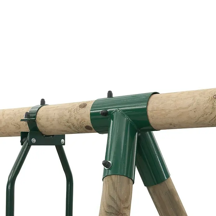 Swing King Schaukel Danielle - B x L: 350 x 220 cm, Holz - Nahaufnahme einer grünen Schaukelhalterung, die an einem Holzstamm befestigt ist und Stabilität und sicheren Halt bietet.