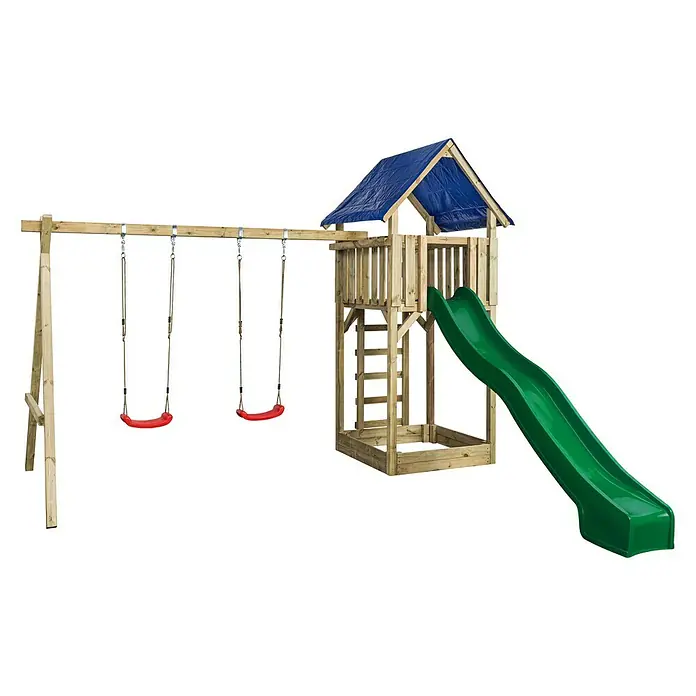 Swing King Kinderspielturm Jonas - Holz/ Grün - Ein farbenfroher Kinderspielplatz aus Holz mit Schaukeln, Turm, Rutsche und blauem Dach. Perfekt für stundenlangen Spaß im Freien.