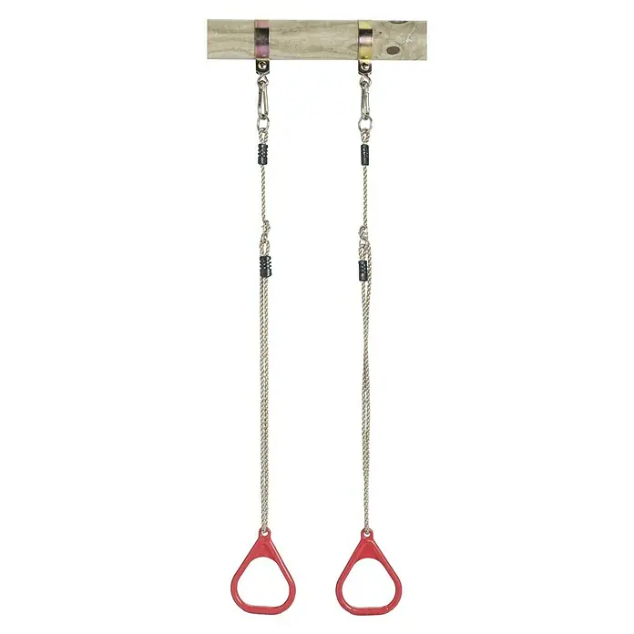 Swing King Turnring-Set - 180 cm, Rot - Zwei Gymnastikringe mit rotem Griff, befestigt an einem Holzstab mit Metallhaken und Seilen. Für Sport und Spiel im Freien.
