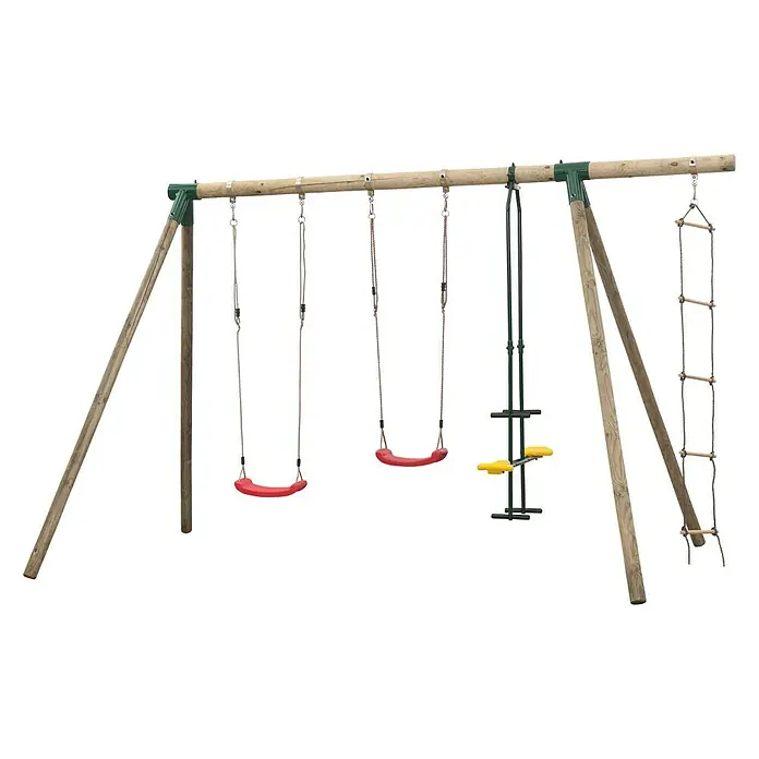 Swing King Schaukel Danielle - B x L: 350 x 220 cm, Holz - Eine Schaukelgarnitur mit zwei roten Schaukelsitzen, Sprossenwand und Klettergerät mit gelben Trittflächen vor schwarzem Hintergrund.