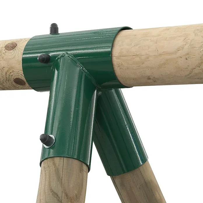 Swing King Schaukel Danielle - B x L: 350 x 220 cm, Holz - Detailansicht einer grünen Schaukelverbinder-Garnitur für den Außenbereich, die Holzstämme sicher verbindet.