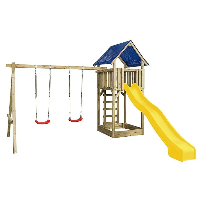 Swing King Kinderspielturm Jonas - Holz/ Gelb - Kinderspielplatz mit Schaukel und Rutsche. Der Spielturm hat ein blaues Dach, die Rutsche ist gelb und die Schaukeln sind rot.