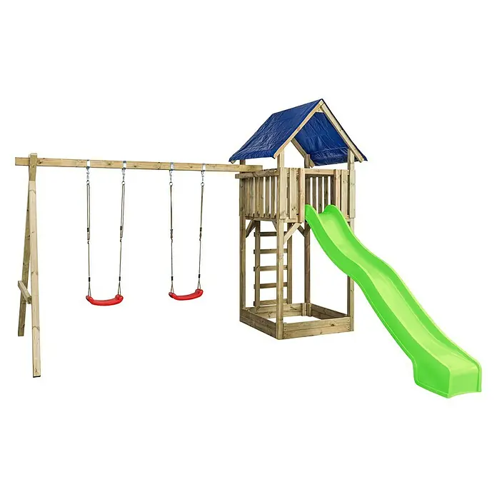 Swing King Kinderspielturm Jonas - Holz/ Apfelgrün - Ein Spielplatz aus Holz mit Schaukeln, Turm mit blauer Plane, Leiter und grüner Rutsche, ideal für Kinder zum Spielen und Spaß haben im Garten.