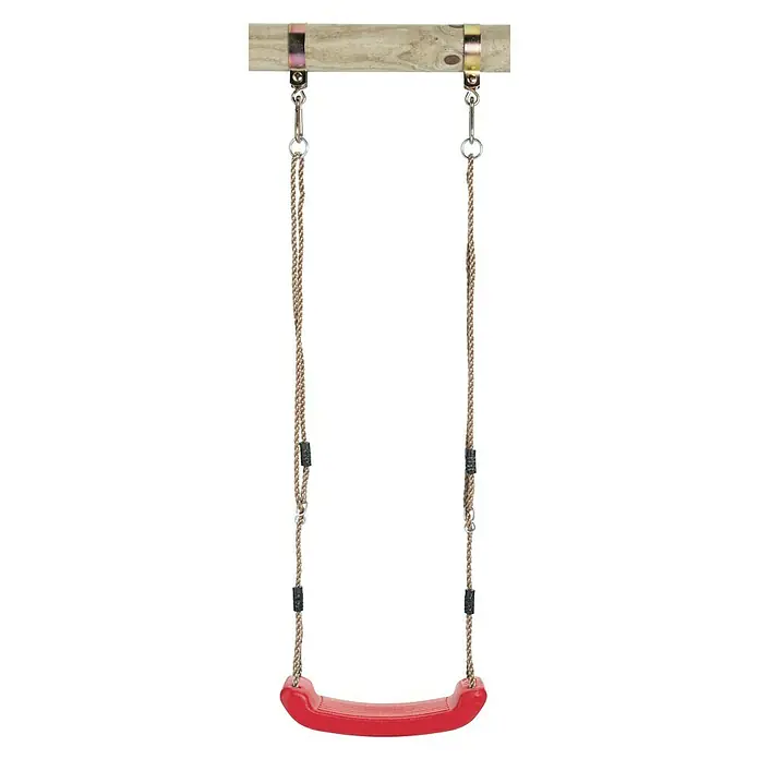 Swing King Schaukel - Kunststoff, Rot, L x B x H: 43 x 17 x 8 cm - Nahaufnahme einer roten Schaukelsitz mit Seilen und Metallbefestigungen, die von einer Holzstange hängen, isoliert auf Schwarz.