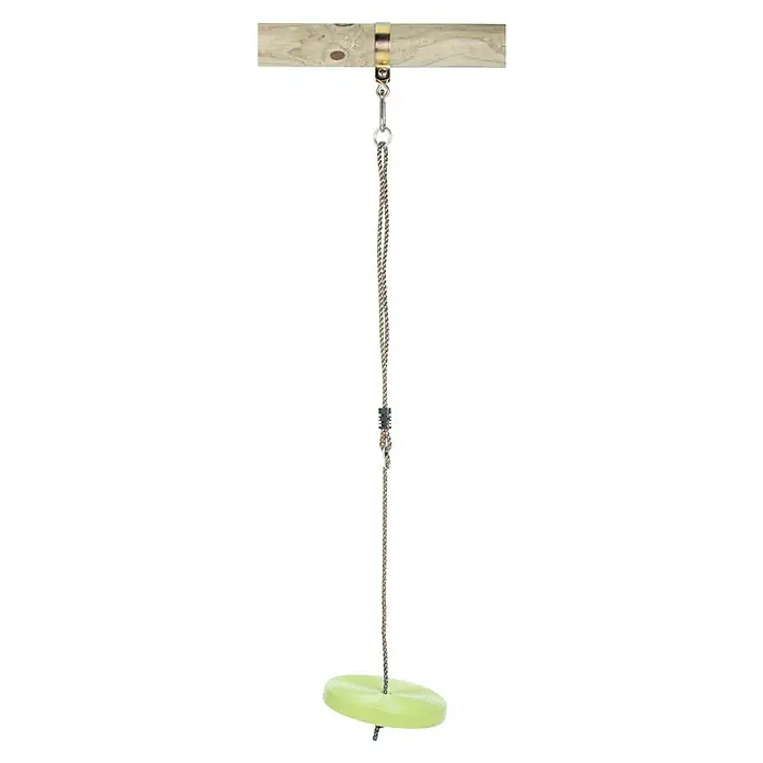 Swing King Tellerschaukel - Apfelgrün - Eine Nahaufnahme einer Baumschaukel mit einem robusten Seil und einem runden Sitz, ideal für Outdoor-Spaß und Abenteuer im Garten.
