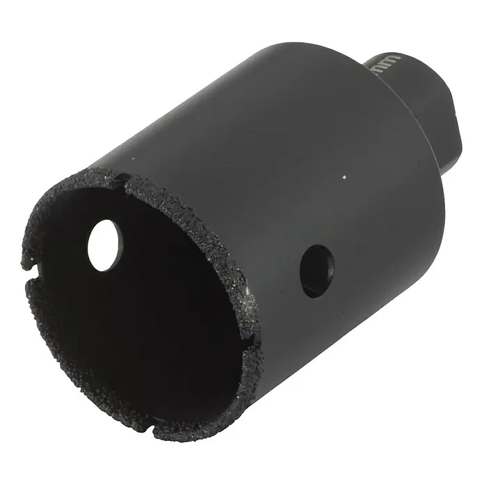 Wolfcraft Diamant-Lochsäge Ceramic Winkelschleifer - Durchmesser Bohrloch: 45 mm, Schnitttiefe: 45 mm, M14 Gewinde - Nahaufnahme einer schwarzen Diamantbohrkrone mit Öffnungen und rauer Schneide.
