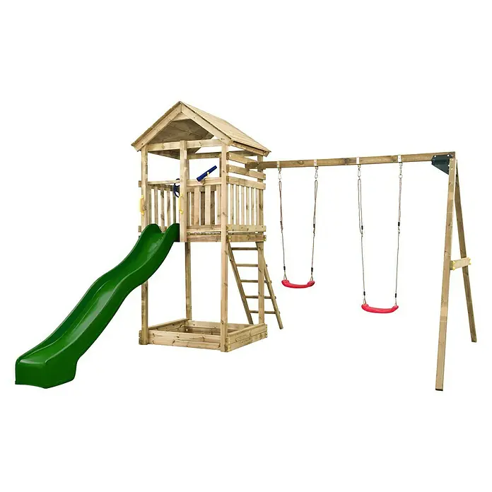 Swing King Kinderspielturm Daan - Holz/ Grün - Ein hölzerner Spielplatz mit Rutsche und zwei Schaukeln, ideal für Kinder zum Spielen und Spaß haben im Freien.