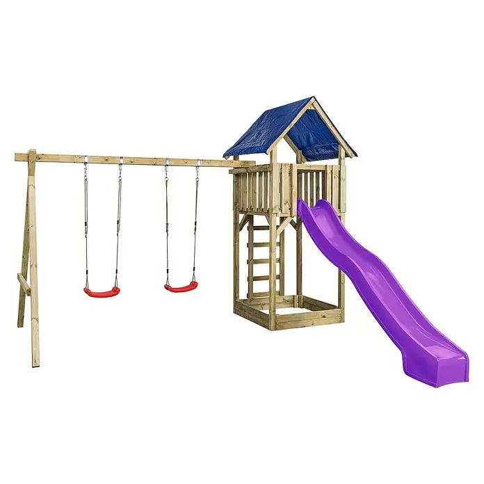 Swing King Kinderspielturm Jonas - Holz/ Violet - Spielplatz-Set mit Schaukeln und Rutsche. Das Set beinhaltet zwei Schaukeln, ein Spielhaus und eine lila Rutsche, perfekt für stundenlangen Spaß im Freien.
