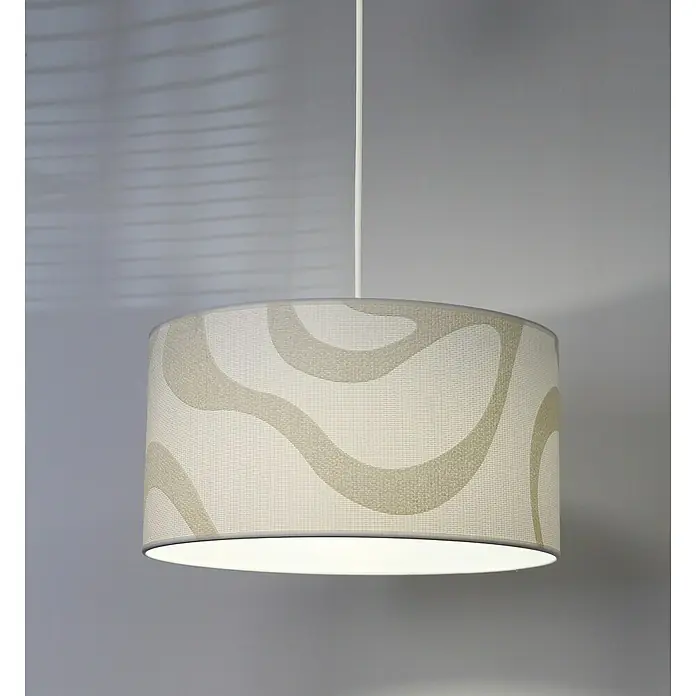 Idp Lampshades Fibra ondas Lámpara colgante redonda - 40 W, Ø x Al: 38 x 20 cm, Blanco, E27 - Un primer plano de una elegante lámpara colgante con una pantalla tejida y un patrón de onda abstracta para la iluminación moderna.