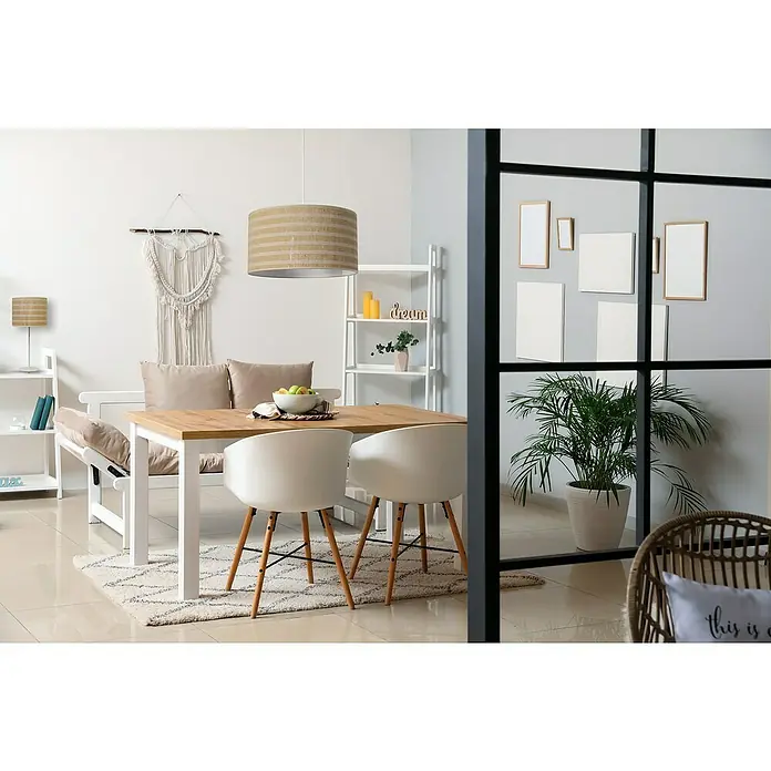 Idp Lampshades Franjas yute Lámpara colgante redonda - 40 W, Ø x Al: 38 x 20 cm, Natural/Blanco, E27 - Comedor luminoso y elegante con mesa de madera, sillas blancas e iluminación decorativa. Diseño elegante para una vida moderna.