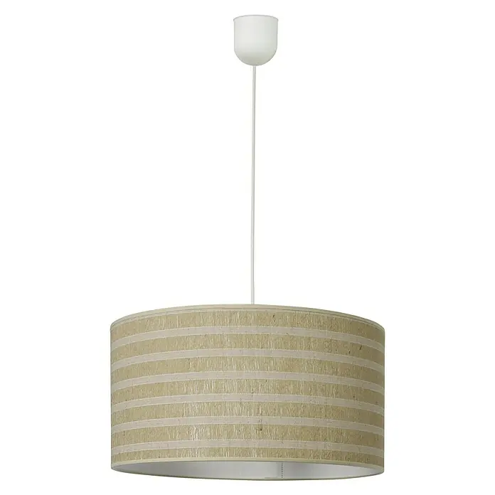 Idp Lampshades Franjas yute Lámpara colgante redonda - 40 W, Ø x Al: 38 x 20 cm, Natural/Blanco, E27 - Una lámpara colgante moderna con una pantalla cilíndrica beige con rayas horizontales blancas y una suspensión blanca.