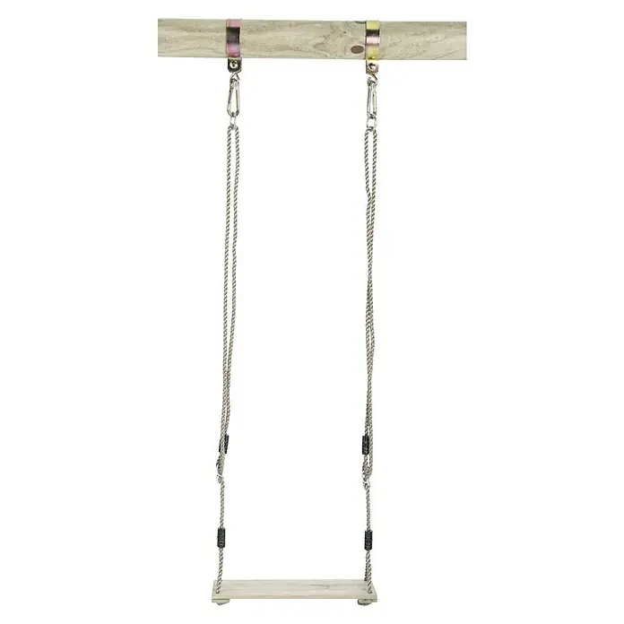 Swing King Brettschaukel - B x L: 15 x 42,5 cm, Kiefernholz - Detailansicht einer Holzschaukel mit Seilen und Metallbefestigungen, die an einer Holzstange hängen. Ideal für Spielplätze und Gärten.
