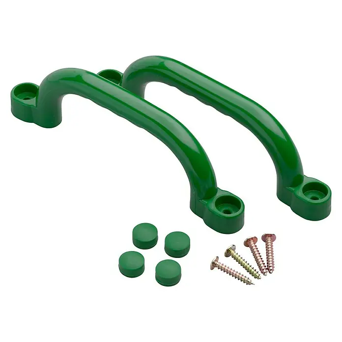 Swing King Handgriffe für Spielhaus - Kunststoff, Grün - Ein Paar grüne Spielplatz-Haltegriffe mit Befestigungsschrauben und Abdeckkappen, ideal für sicheres Spielen im Freien.