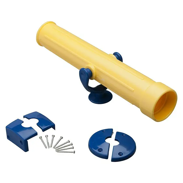 Swing King Teleskop für Spielhaus - Gelb/ Blau - Gelbes Spielzeugteleskop mit blauen Halterungen und Schrauben, ideal für fantasievolles Spielen im Freien.