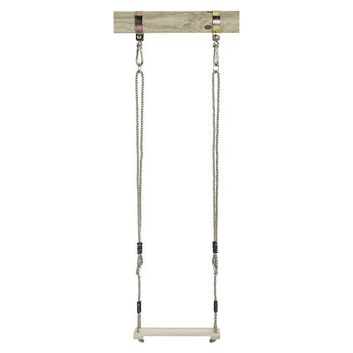 Swing King Brettschaukel - B x L: 15 x 42,5 cm, Holz - Eine Holzschaukel mit Seilen hängt an einer Stange und lädt zum Spielen im Garten ein. Sicherer Spaß für Kinder.