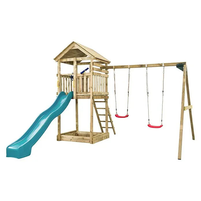 Swing King Kinderspielturm Daan - Holz/ Türkis - Ein hölzerner Spielturm mit Rutsche und Schaukelset für Kinder zum Spielen im Freien.