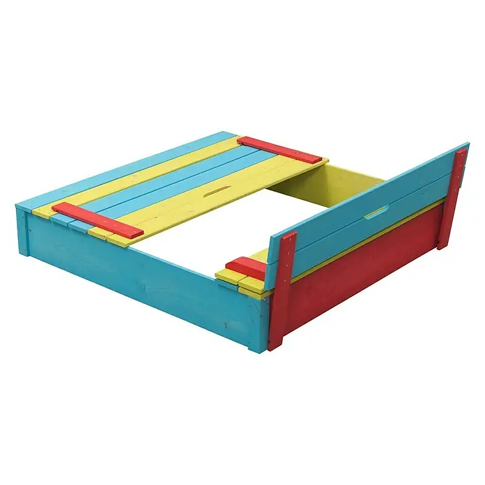 Swing King Sandkasten Sepp - 120 x 120 x 25 cm, Holz - Ein farbenfroher, rechteckiger Sandkasten mit Holzdeckel in Blau, Gelb und Rot, ideal für Kinder zum Spielen im Freien.