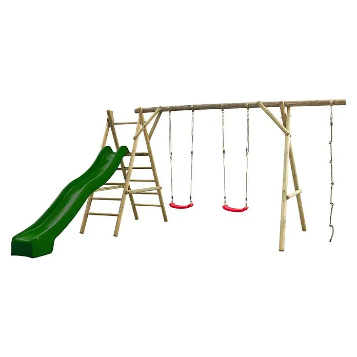 Swing King Kinderspielturm Noortje - L x B x H: 375 x 450 x 220 cm, Holz/ Grün - Ein hölzernes Spielgerüst mit Rutsche, zwei Schaukeln und einer Strickleiter. Perfekt für stundenlangen Spaß im Freien.