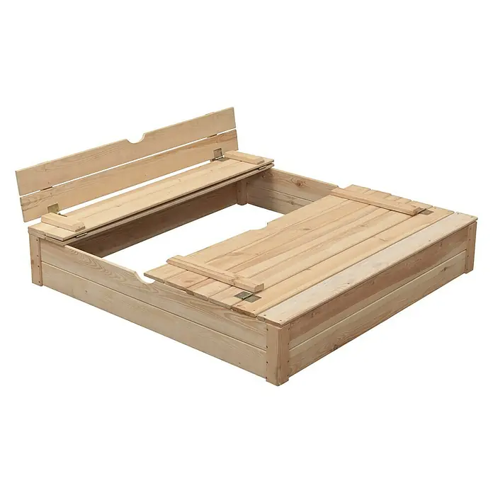Swing King Sandkasten Robert - 120 x 150 x 25 cm, Holz, Unbehandelt - Holzsandkasten mit Deckel und klappbarer Rückenlehne für den Garten oder die Terrasse.